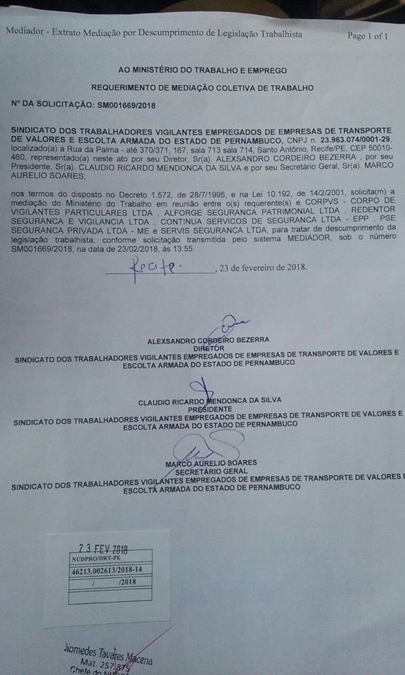 Mediação no MT vai discutir CCT dos vigilantes de escolta armada de Pernambuco