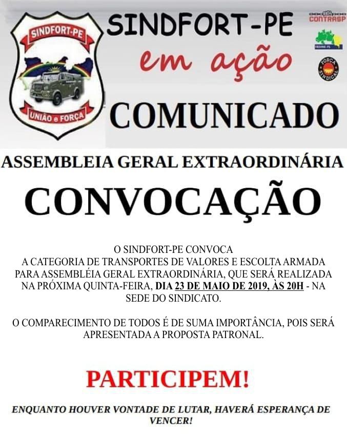 O SINDFORT-PE convoca toda a categoria para assembleia no dia 23/05/19   