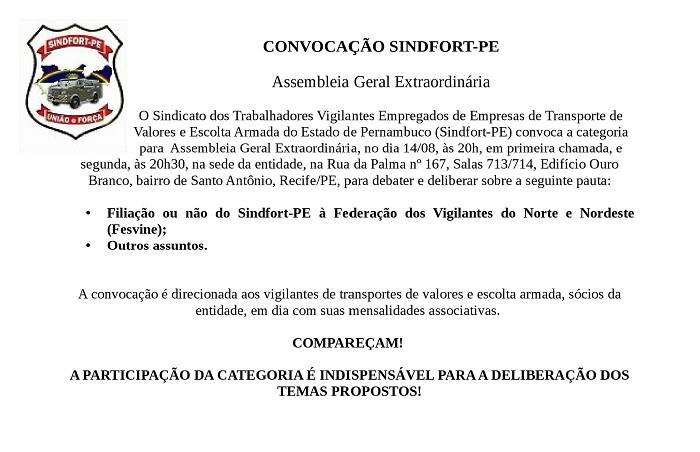 SINDFORT-PE: CONVOCAÇÃO PARA ASSEMBLEIA GERAL EXTRAORDINÁRIA!